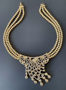 Vintage中古回流 设计感镂空满天星莱茵石香槟色琉璃珍珠短款项链