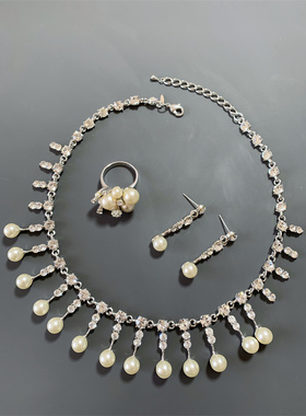 Vintage中古 AV0N打标精致闪亮莱茵石流苏瀑布耳环戒指项链套装