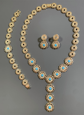 Vintage中古法国Filon打标松石镶嵌花朵造型耳环手链项链三件套