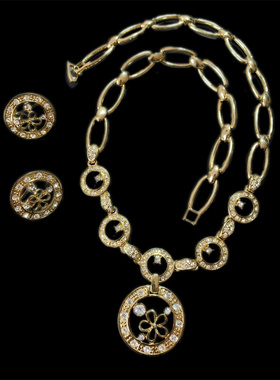 Vintage中古 VF打标淡金色镂空花朵圆盘耳钉耳扣项链素金套装