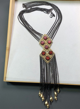 Vintage中古欧美CHICOS打标 个性霸气黑金撞色流苏瀑布毛衣链项链