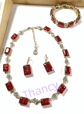 方块红色新年款项链手链耳环套装