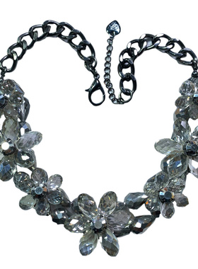 Vintage中古 欧美BJ打标 唯美浪漫透灰色水晶花朵手工款短项链