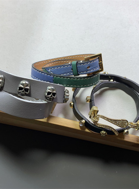 Vintage中古 多元素皮质真皮水晶钻暗黑骷颅头短颈链合集 可当手