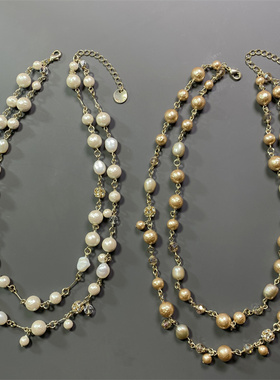 Vintage中古 ANY SIS打标天然巴洛克珍珠棉花珍珠双层水晶短项链