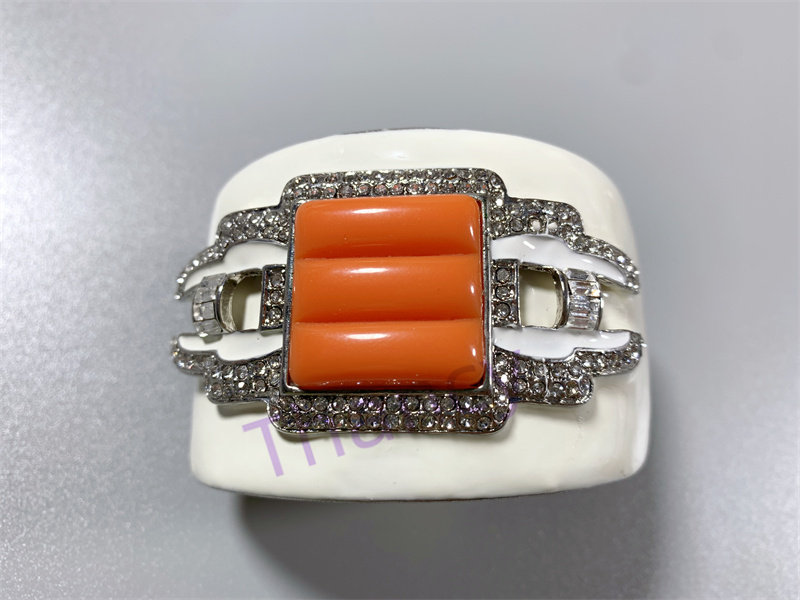 Vintage中古欧洲KJL打标橘色仿玉宝石镶嵌个性时髦开口手镯女
