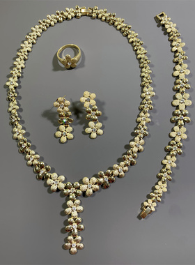 Vintage中古磨砂金色清新小花朵F3打标耳环戒指手链项链套装