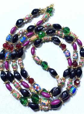 Vintage中古辛普森打标景泰蓝琉璃珠多元素彩色中国风长款项链