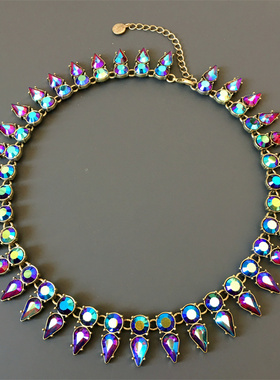 Vintage中古Sooyeon打标炫彩色玻璃水晶复古气质百搭短款项链女