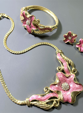 Vintage中古 IVY打标粉紫色珐琅花朵耳钉手镯项链套装