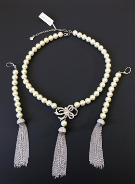 ARTINI打标施家水晶镶嵌琉璃珍珠超长流苏扫肩耳坠耳环项链套装