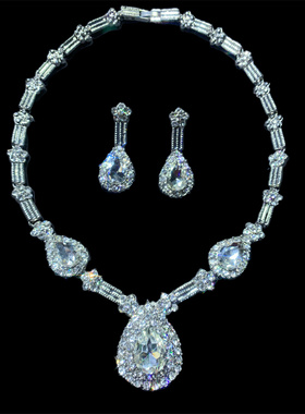 Vintage中古 品牌打标超闪大颗透明水晶镶嵌礼服搭配项链耳环套装