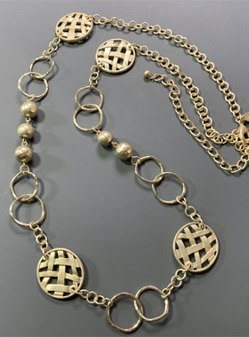 Vintage中古CHICOS打标小香风菱格无光金不规则链条长项链毛衣链