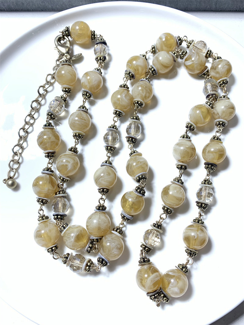 vintage中古款 美国老牌chicos打标贝壳隔片树脂纹理珠长款毛衣链