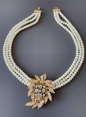 Vintage中古 多层琉璃珍珠短款白色夸张个性复古项链女