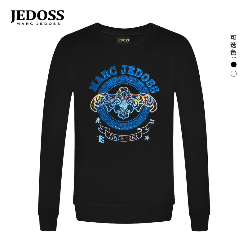 JEDOSS/爵迪斯男装秋季新款炫彩LOGO珠片绣圆领套头卫衣HM059