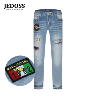 爵迪斯男装 长裤 夏季 章仔刺绣磨破蓝色牛仔裤 SX155 新款 JEDOSS