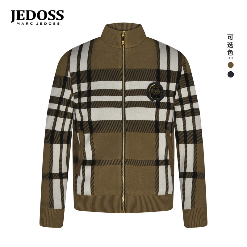 JEDOSS/爵迪斯男装2025秋季专柜新款金属胸标格纹针织夹克外套085