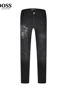 JEDOSS/爵迪斯男装2025秋季新款简约水洗泼墨黑色牛仔裤潮SX103B