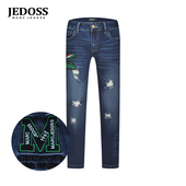 JEDOSS YF065SX 刺绣章仔磨破蓝色牛仔裤 爵迪斯男装 秋冬新款