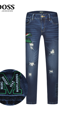 JEDOSS/爵迪斯男装秋冬新款刺绣章仔磨破蓝色牛仔裤YF065SX
