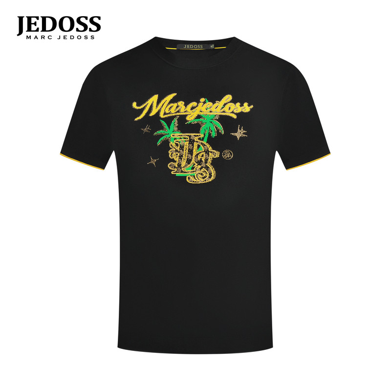 JEDOSS/爵迪斯男装2025春季新款时尚椰树提花烫钻短袖针织衫QC530