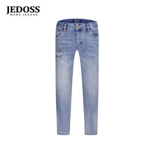 JEDOSS/爵迪斯男装2026春季新款简约熊仔烫钻磨白牛仔裤九分YH004