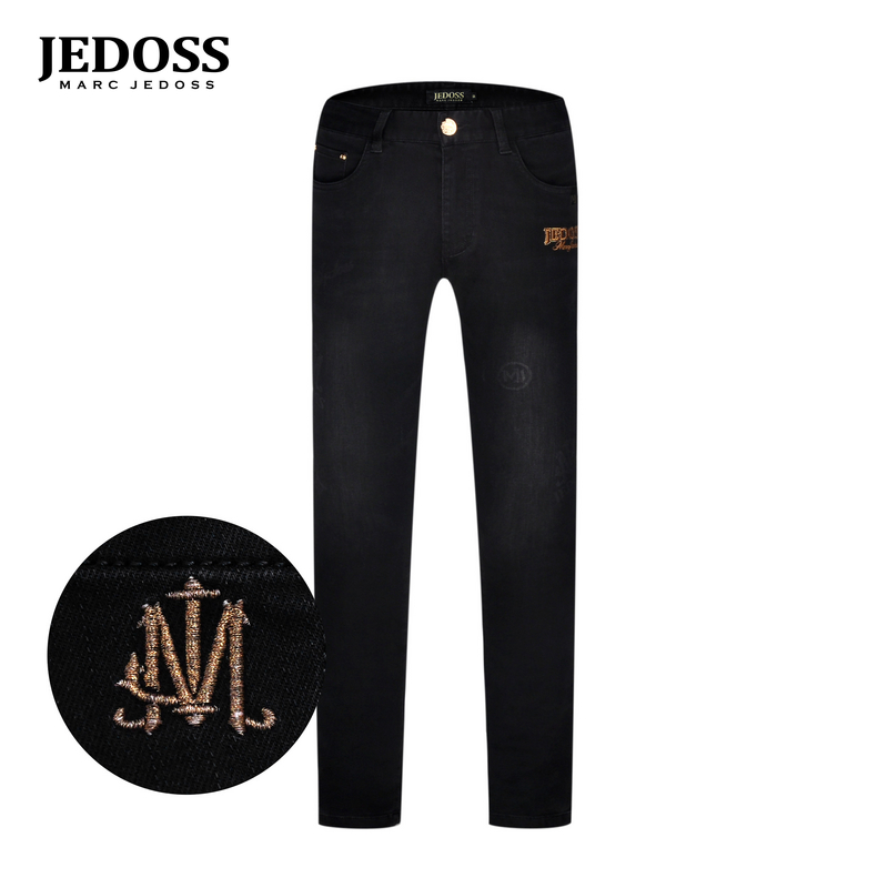 JEDOSS/爵迪斯男装2025夏季专柜新款简约字母刺绣黑色牛仔裤JZ312