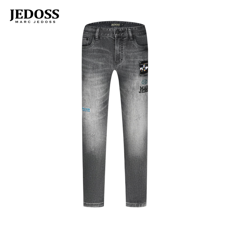JEDOSS/爵迪斯男装秋冬专柜新款磨白磨破刺绣灰色牛仔裤BC018