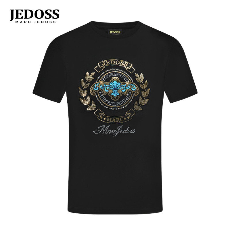 JEDOSS/爵迪斯男装2026春夏新款炫彩LOGO镭射金属片短袖T恤HM575F