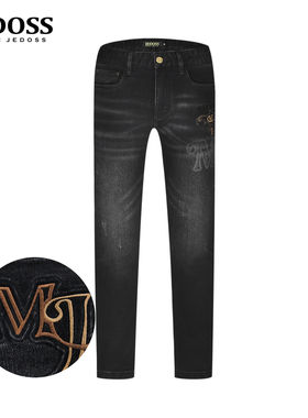 JEDOSS/爵迪斯男装2025秋冬专柜新款简约刺绣水印牛仔裤薄绒208F