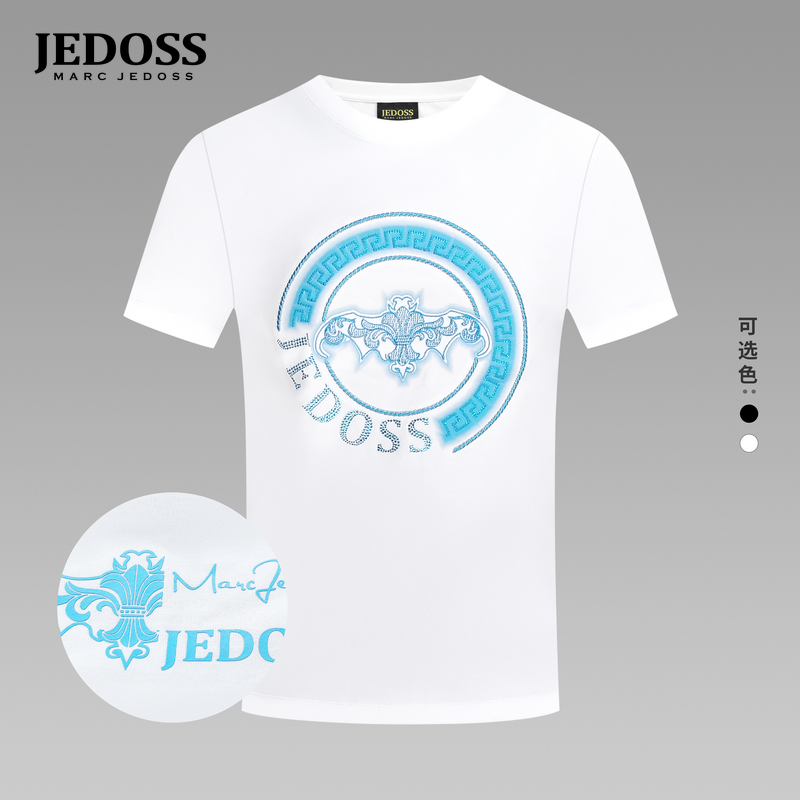 JEDOSS/爵迪斯男装2025春季新款经典蓝色LOGO刺绣珠片短袖T恤205