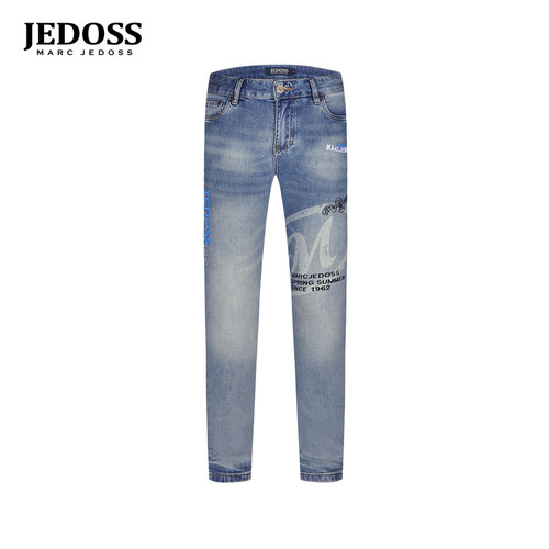 JEDOSS/爵迪斯男装2026夏季新款简约字母水印磨白蓝色牛仔裤110SX