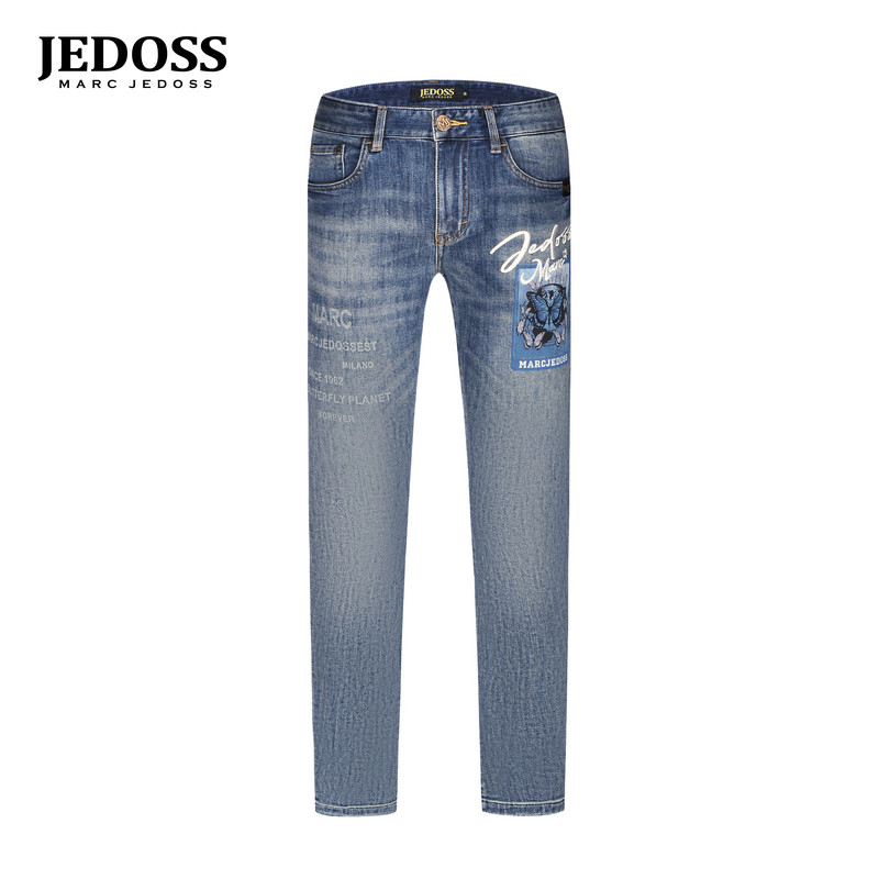 JEDOSS/爵迪斯男装2026夏季新款压凸刺绣蝴蝶胶印牛仔裤潮101SX