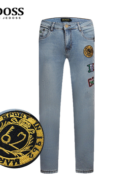 JEDOSS/爵迪斯夏季新款男士LOGO烫印字母绣标牛仔裤长裤002CX