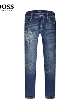 JEDOSS/爵迪斯男装2025秋季新款简约水洗泼墨蓝色牛仔裤潮SX103B