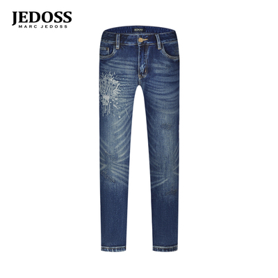 JEDOSS/爵迪斯男装2025秋季新款简约水洗泼墨蓝色牛仔裤潮SX103B