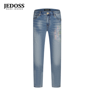 JEDOSS/爵迪斯男装2026春夏新款炫彩字母LOGO烫钻水洗牛仔裤012SX