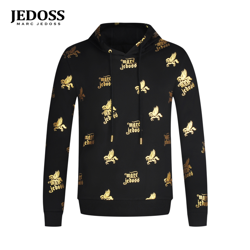 JEDOSS/爵迪斯男装2025秋冬新款满骏马烫金胶印连帽长袖卫衣BZ233