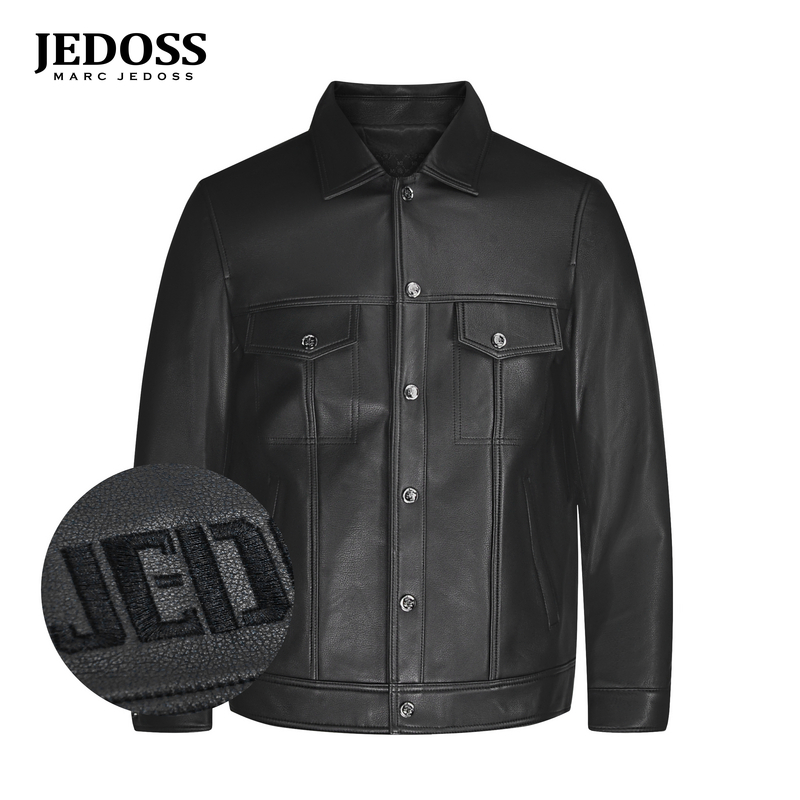 JEDOSS/爵迪斯男装2025秋冬新款简约字母刺绣口袋翻领皮衣SD110