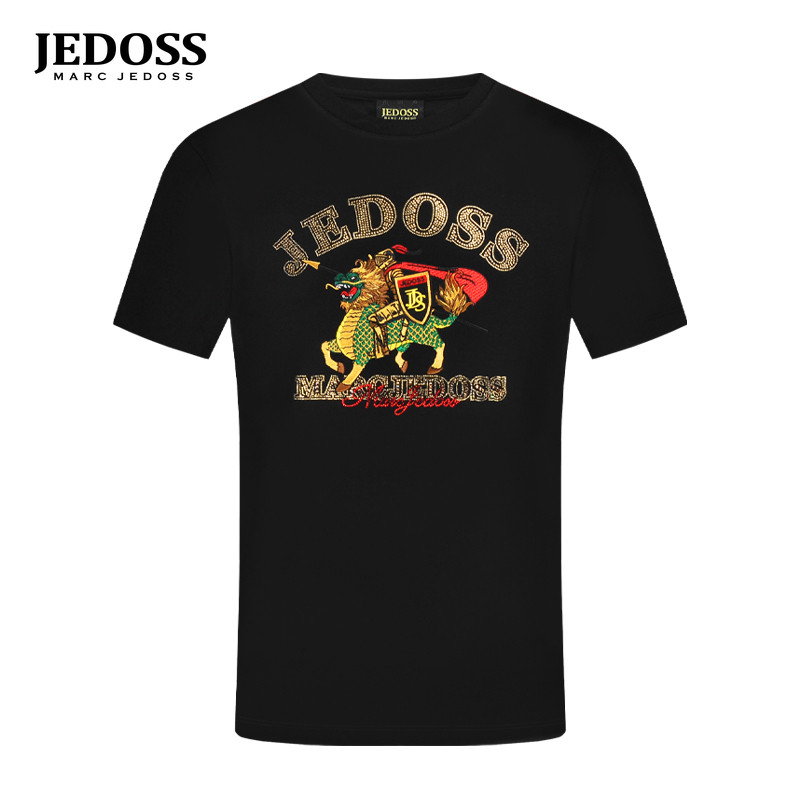 JEDOSS/爵迪斯男装2026春夏新款字母烫钻麒麟刺绣色号短袖T恤571F