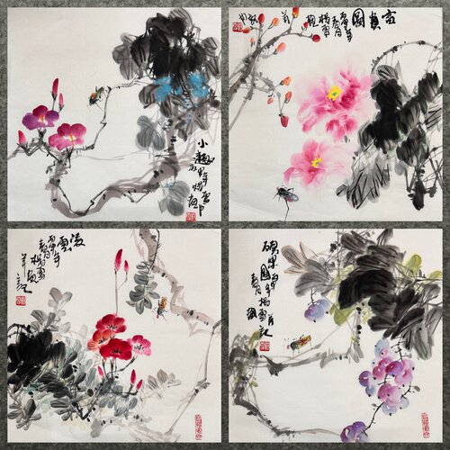 花鸟画纯手绘六尺八开牡丹荷花