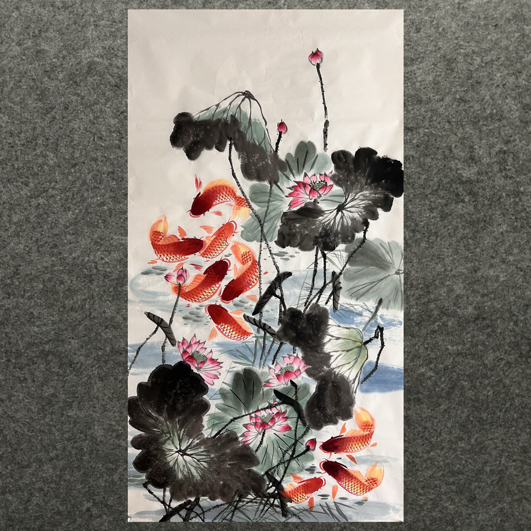 180X96CM装饰中堂国画酒店纯手绘花鸟大六尺荷花九鱼MH5092812-20