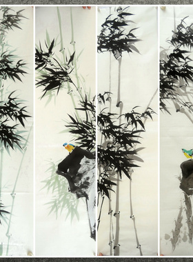 墨香村条饰精品国画花鸟字画纯手绘四尺对开竹子竹报平安MD301-26