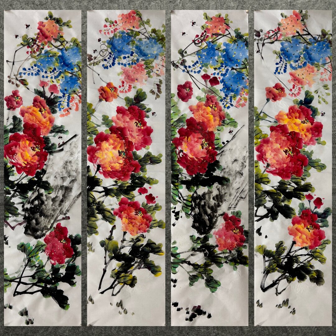 136X34厘米条饰国画批发花鸟纯手绘四尺对开牡丹紫藤MD6011001-20