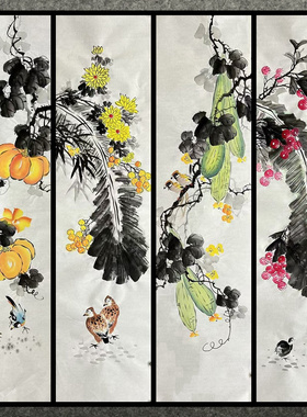 墨香村条幅精品装饰国画字画纯手绘四尺对开花鸟画水果蔬菜01