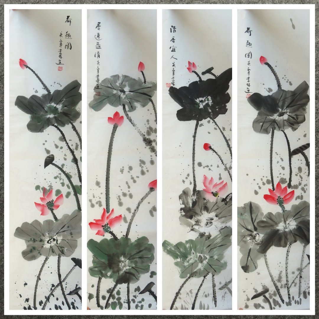 已落款条幅装饰国画字画花鸟画纯手绘四尺对开荷花mw2112801-80