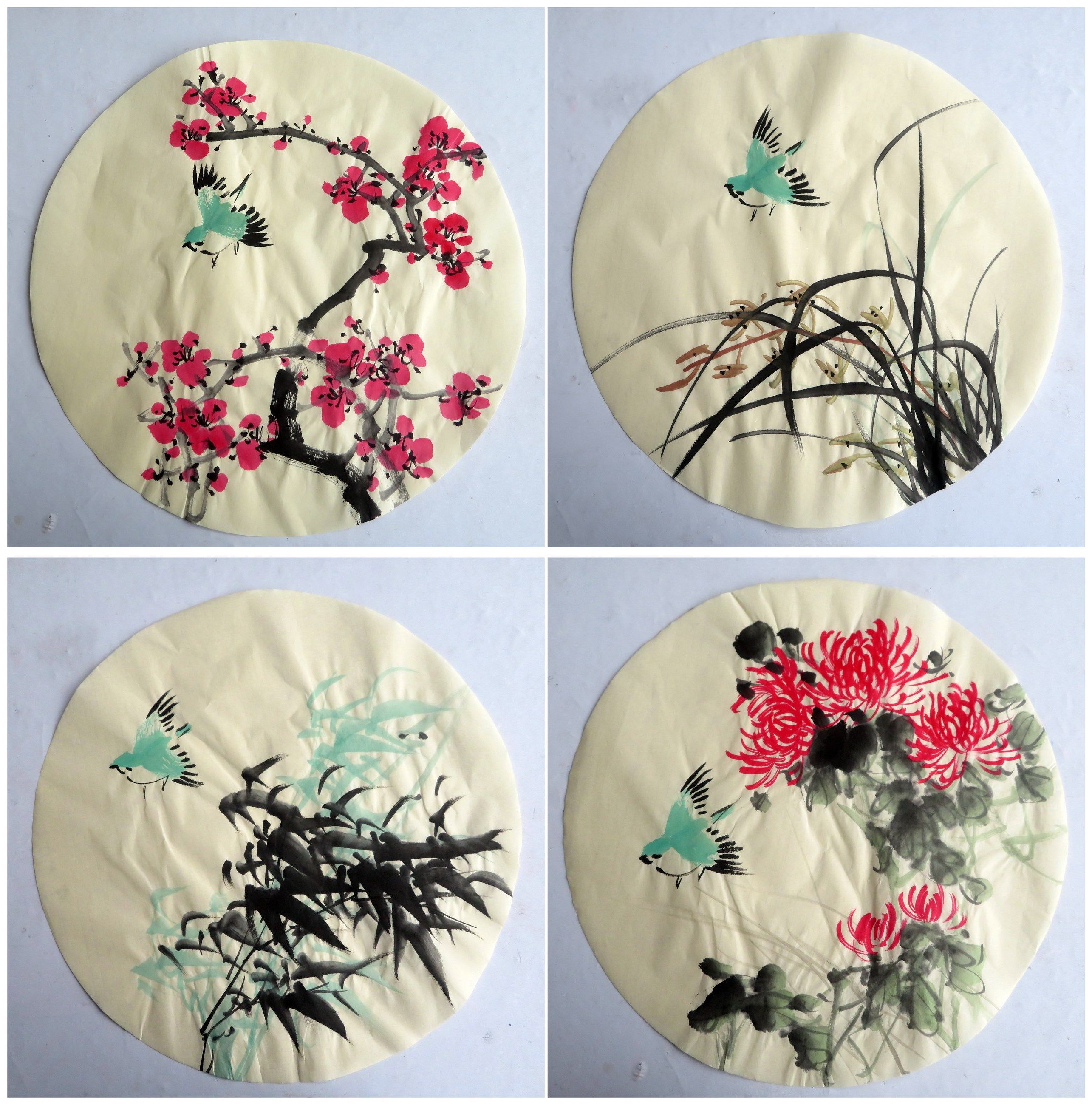 墨香村宣纸画芯国画彩色花鸟纯手绘四条屏梅兰竹菊圆形套画01
