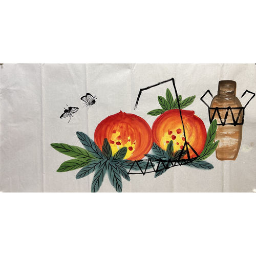 136X68厘米纯手绘四尺寿桃字画花鸟国画中式装饰画MC5050201-5