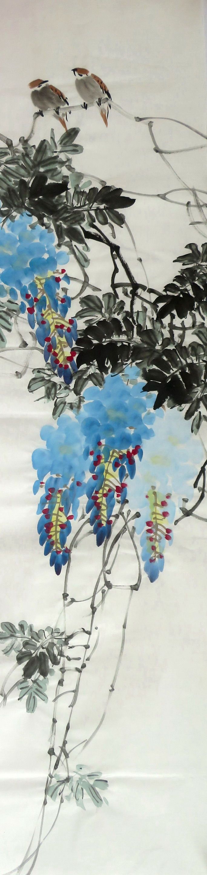 墨香村特价走道装饰国画条幅花鸟纯手绘四尺对开紫藤ms21214003